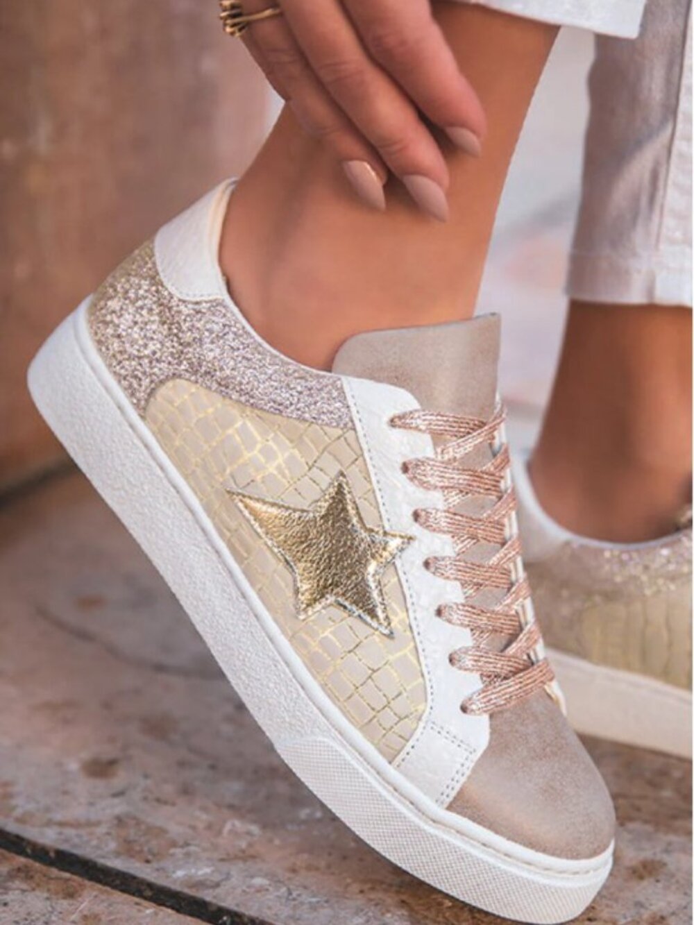 Gold Glitter Star Patchwork Leather Lace-Up Sneakers